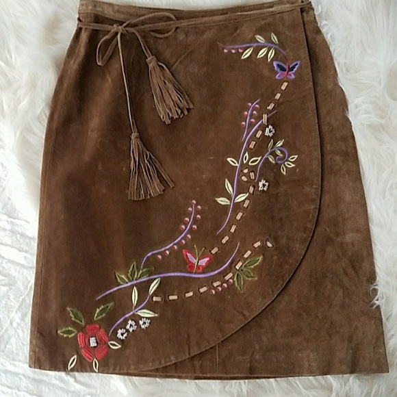Brandon Thomas Dresses & Skirts - Genuine Suede Wrap Skirt, Embroidered, Fringe belt